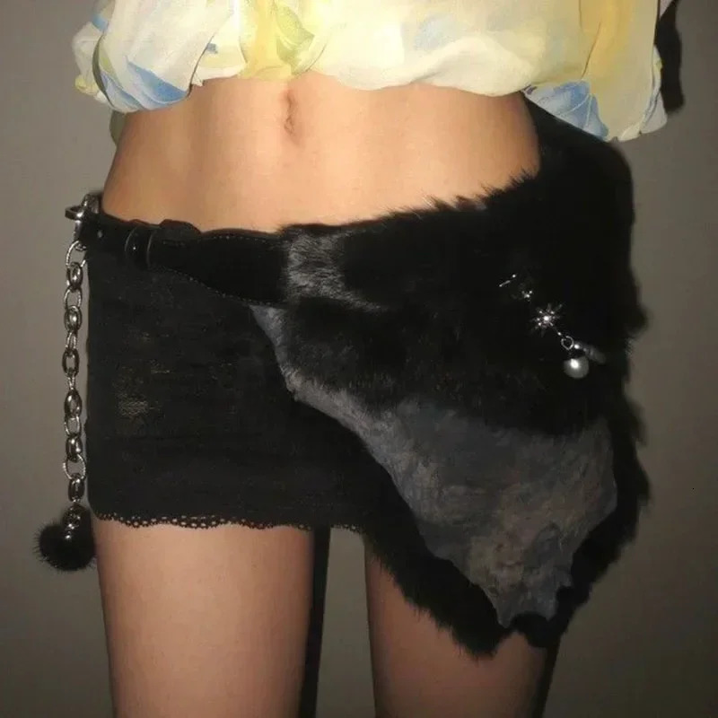 Sexy Rabbit Fur Belt Pearl Chain Y2K Furry Belt Vintage Cow Belts Gothic Punk Star Waistband HipHop Waistband Jeans Pants 250107