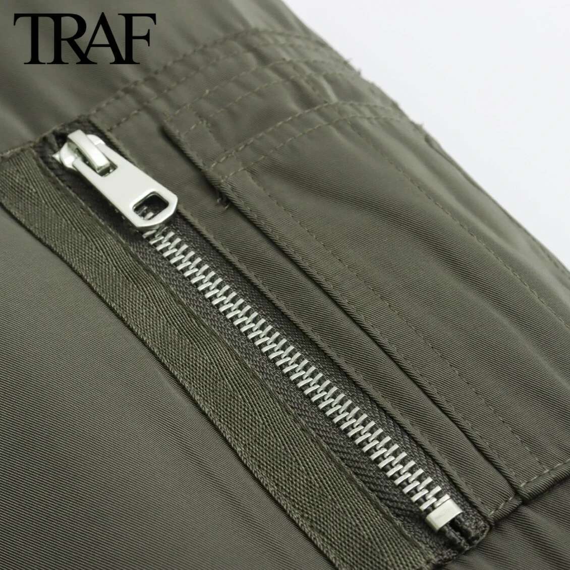 TRAF Women Fashion Autumn Winter New Pocket Solid Pilot Jacket Long-Sleeved Zip Stand Collar Short Coats Chic Female Tops