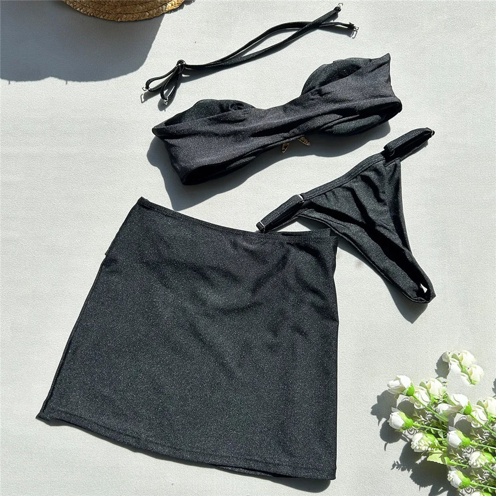 Brown Sexy Swimsuit Cover Ups Women Micro Thong 3 Piece Bikini Set Damen Metal Star Swimwear Beach Wear Bandeau Bikinis Mujer 250108