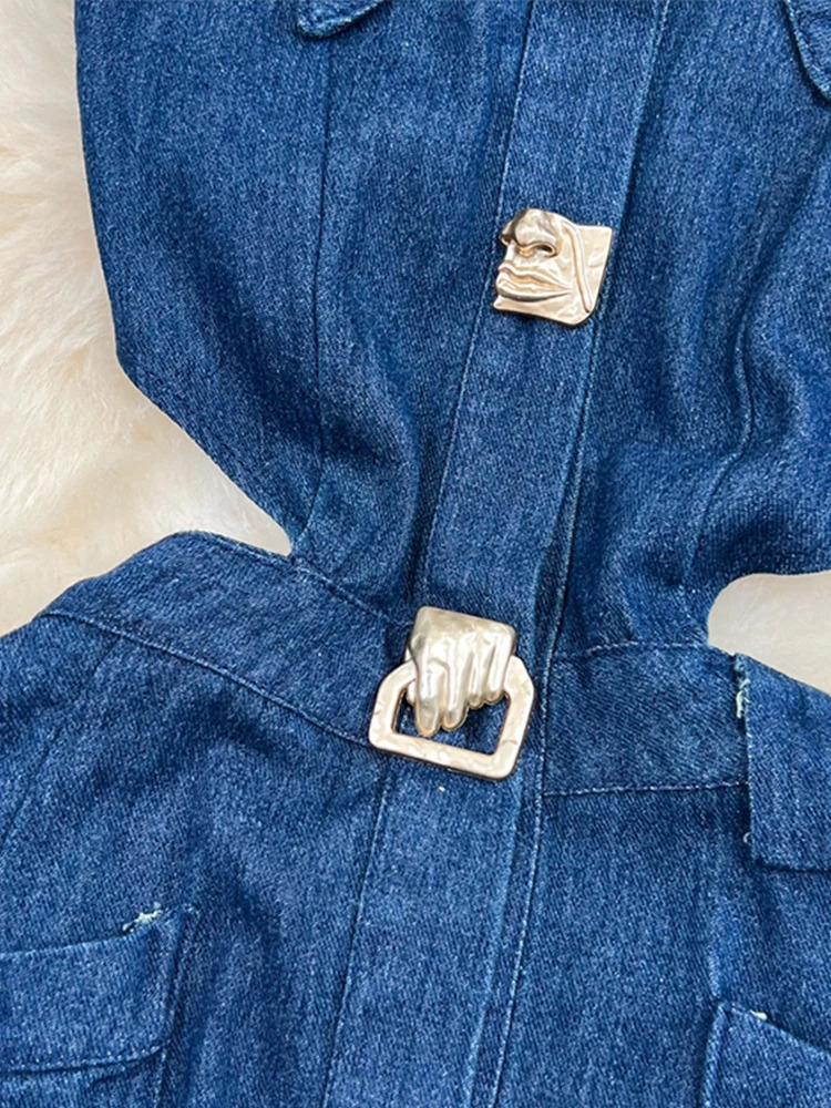 Sexy Denim Women Sleeveless Long Dresses V Neck Split High Waist Female Dress 2024 Summer Lady Turn-down Collar Hollow Out Robe 250107