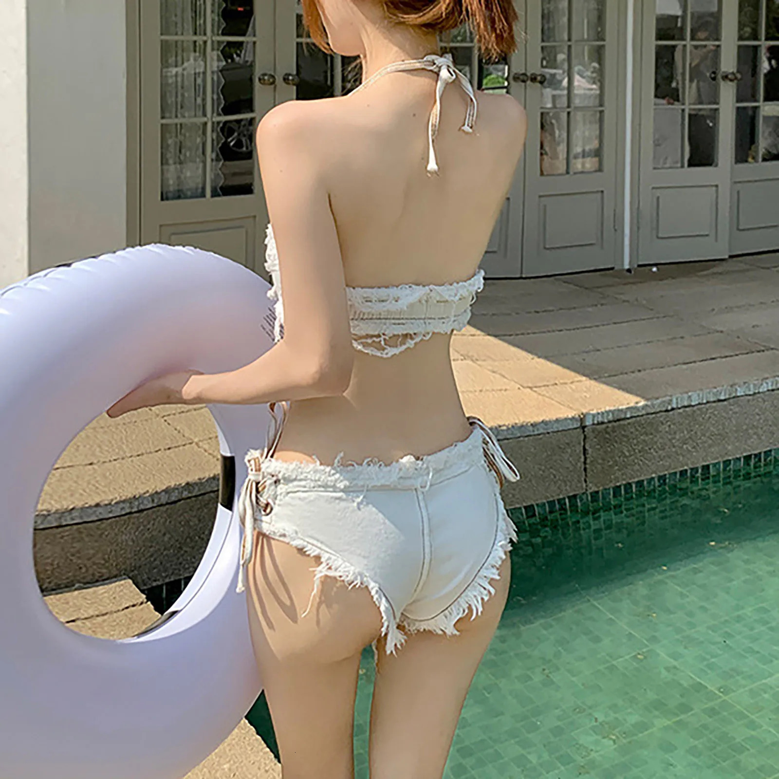 Springs Beach Girls WomenS Swimsuit Denim Bikini Simple Panties Separate Set Of 2 Ribbon Swimming Backless Strapless Bikini 250107