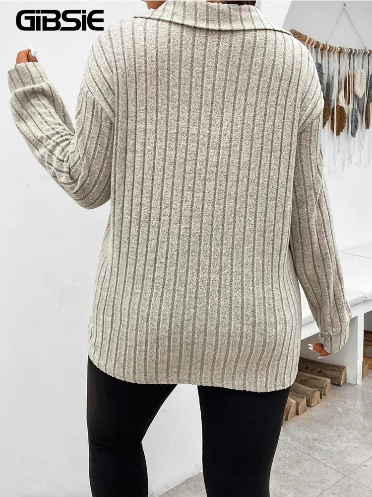 GIBSIE Plus Size Tshirt for Women Spring Fall Polo Collar Long Sleeve T-Shirt Female Casual Ribbed Knit Solid Tee Tops 250107