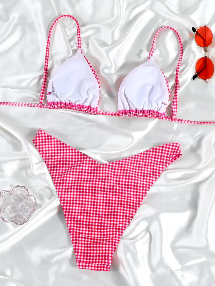 Push Up Bikini Set Bow Swimwear Women Plaid Bikinis String Beachwear Two Piece Suit Biquini Bandage Bathing Suit 250106