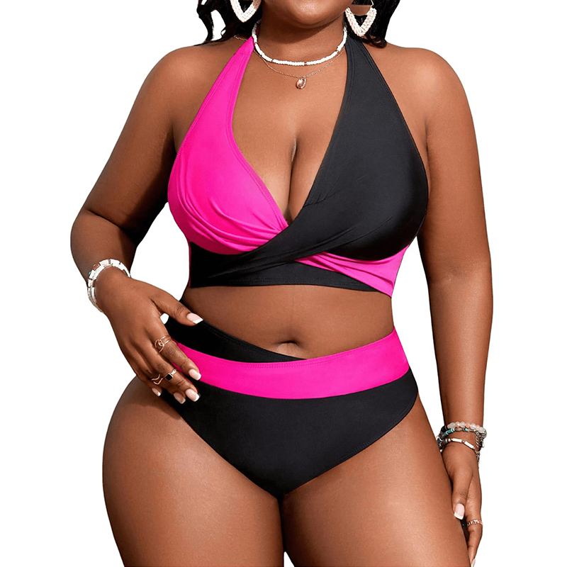 Women's Plus Size Bikinis Swimsuit Color Block Criss Cross Bikini Sets High Waisted Swimwear Big Woman Halter Neck Two Piece Bathing Suit