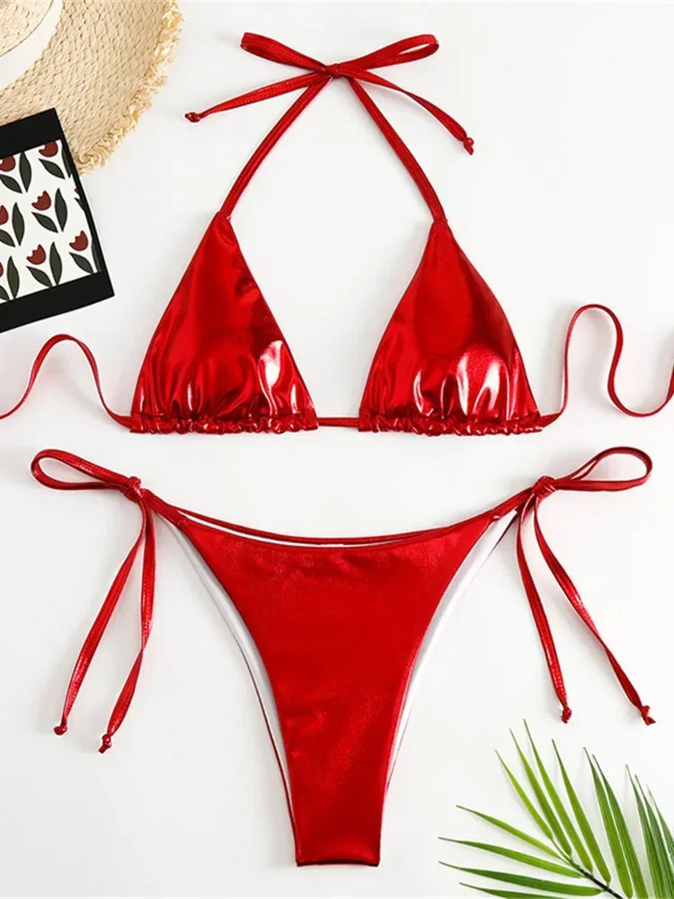 Sexy Brozing Gold Bikinis Sets Women Push Up Micro Bikini Swimsuit 2024 Brazilian Beach Bathing Suit Tie Side Triangle Swimwear250107