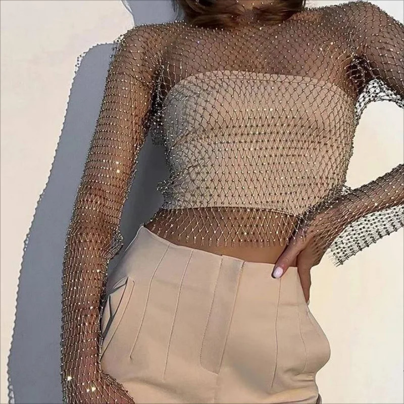 Women Sexy Mesh See Through T Shirt Shiny Rhinestone Fishnet Hollow Out Crop Top Long Sleeve Beach Cover Up Party Club Tank Tops 250107