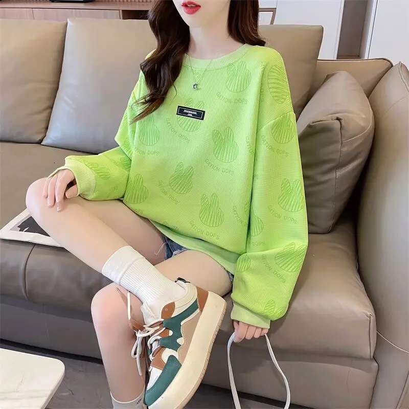New Full Page Printed Cute Western Style Top Korean Version Loose Long Sleeved Women's Designer Sportswear