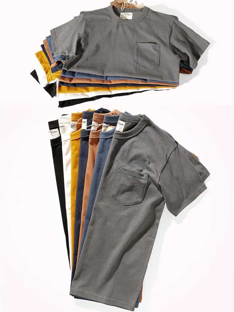 New Arrival 2025 Summer New Pocket T-shirt Mens Short Sleeve Retro Solid Color Simple Round Neck Heavy duty Washable Old Bottom Top Z250108