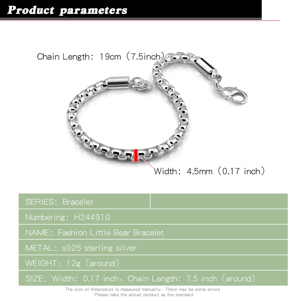 925 Sterling Silver Box Chain Bracelet for Woman Man Hip Hop Punk Silver Color Chain Link Fashion Jewelry Couple Accessories 250107