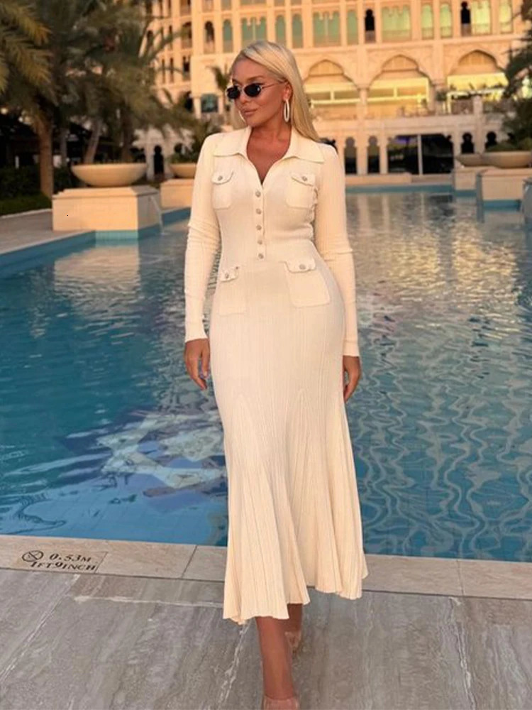 Mermaid Knitted Dress Women Polo-neck Long Sleeves Single Breasted Female Dresses 2024 Autumn Winter Slim Hip Package Lady Robe 250107