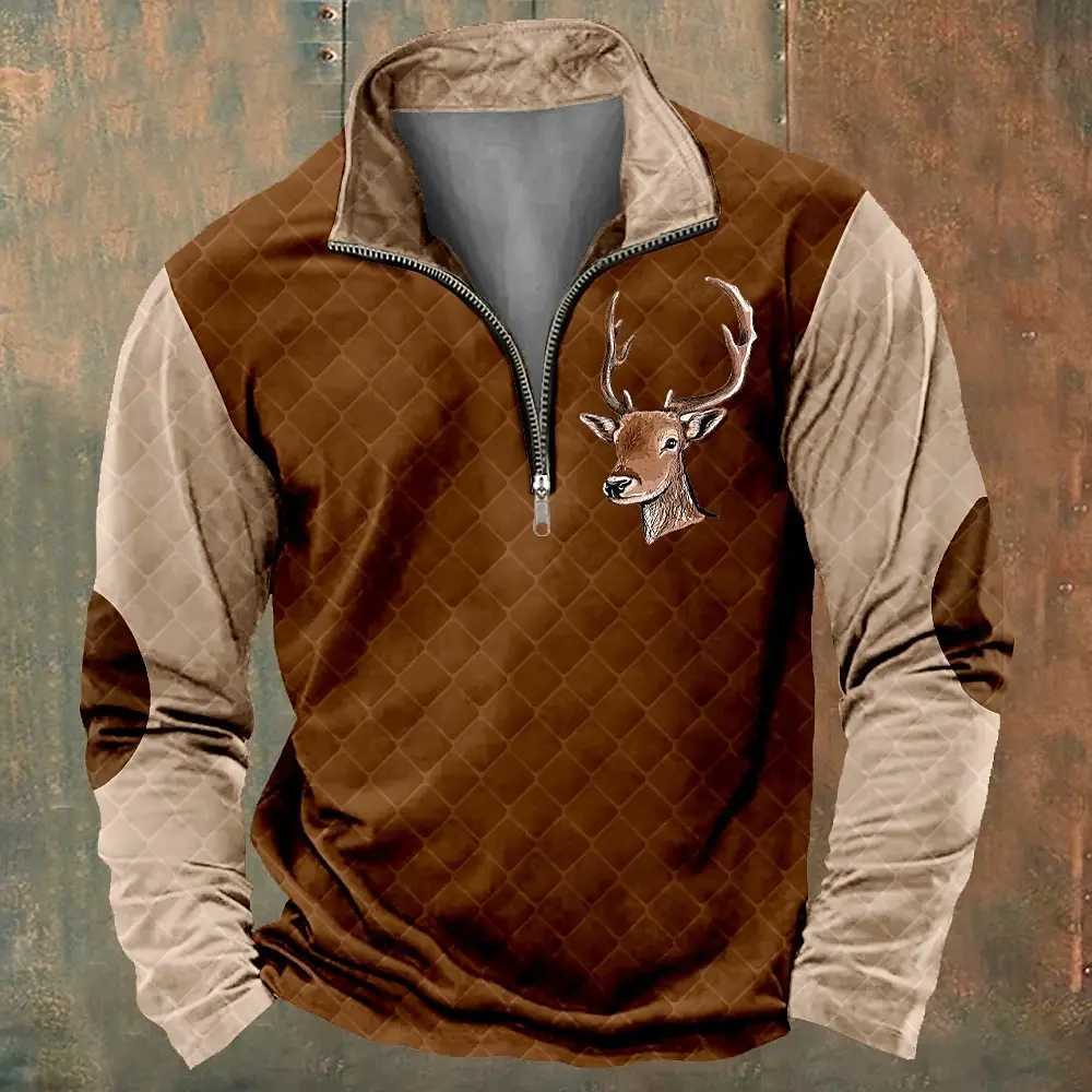 Interesting 3D reindeer print half zipper long sleeved sweatshirt fashionable stand up collar loose top autumn retro clothing casual mens zipper W2501