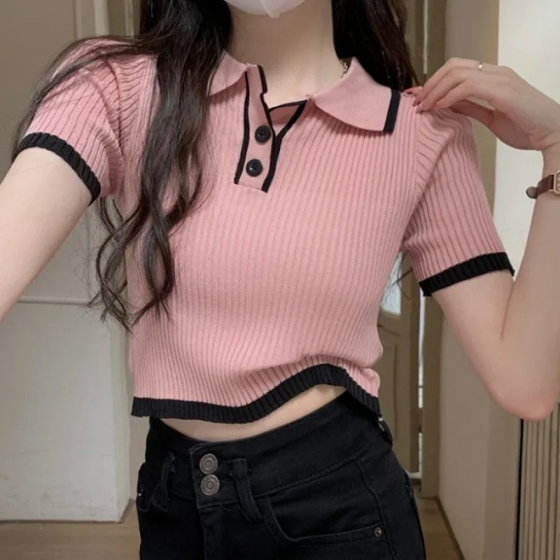 Contrast Color Polo Collar Shoulder Knitted Short Sleeves T-shirt Womens Summer Slim-Fitting Sense Niche Short Tops 250107