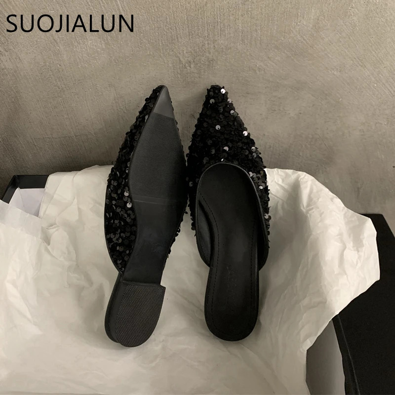 SUOJIALUN 2024 Spring Women Slipper Fashion Bling Shallow Slip On Mules Shoes Pointed Toe Flat Heel Outdoor Dress Sandal Sho 250107