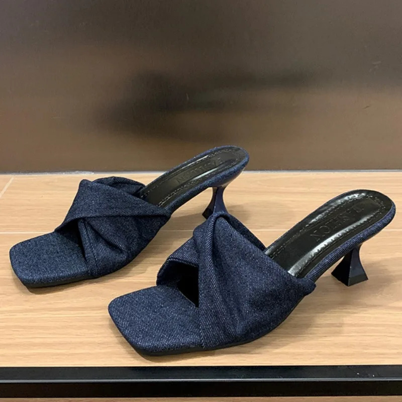 Summer 2024 Womens Slippers Open Toe Denim Thin Heels Outdoor Ladies Slippers Dress Party Shoes Mules Women Shoes D03 250107