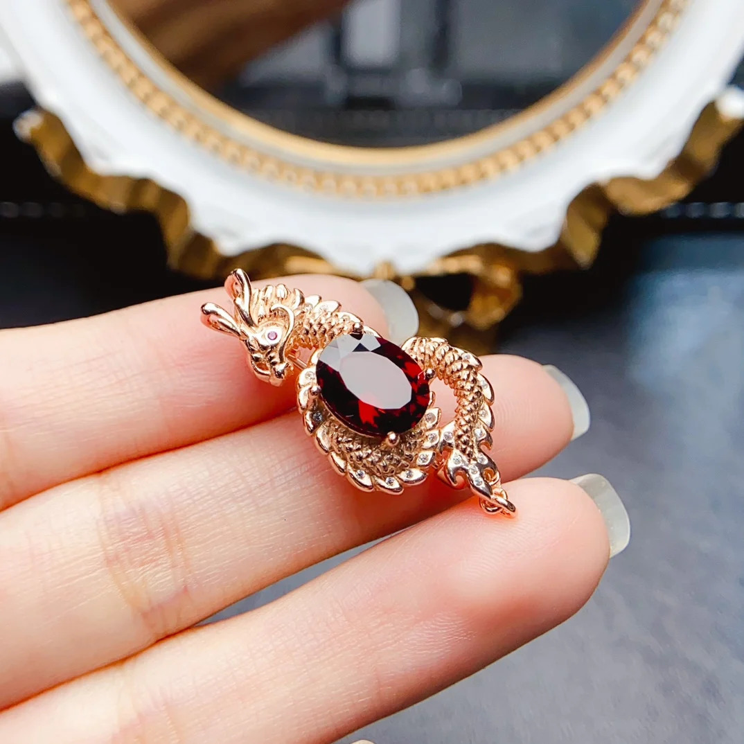FS 8*10mm Natural Garnet Dragon Brooch S925 Sterling Silver Fine Charm Weddings Jewelry for Women With Certificate MeiBaPJ 241230