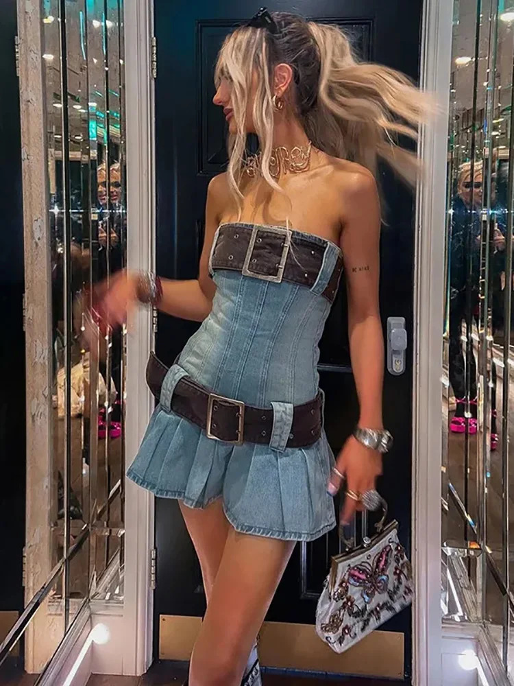HOUZHOU Vintage Y2k Strapless Denim Dress Women Summer Bodycon Sexy Korean Fashion Kpop Belt Pleated Mini Dress 2000s Streetwear 250107