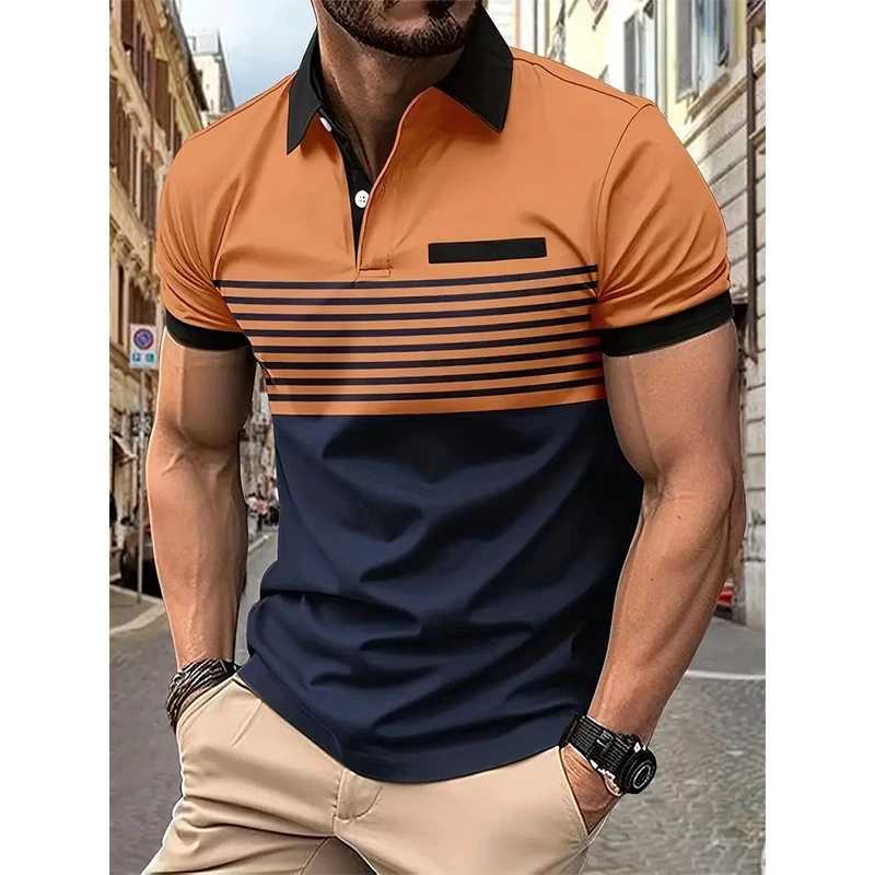 Summer New Casual Fashion Versatile Polo Shirt Mens Lapel Button Color Block Print Patchwork Striped Ventilate Long Sleeved TopXJ250108