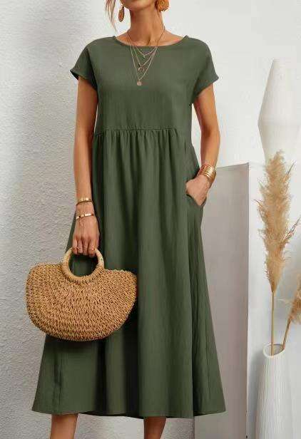 European And American Solid Color Sleeveless Loose Cotton En Pocket Dress