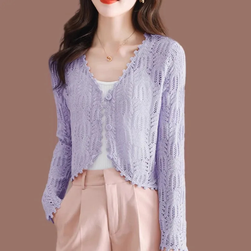 3515 Vintage Knitted Jacket Women Thin Summer Short Hollow Out Sunscreen Coat Sexy Slim Knit Outerwear Buttons Solid Color 250103