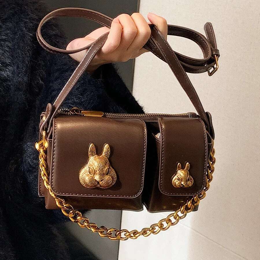 Brand Designer PU Leather Women's Shoulder Retro Chain Metal Rabbit Crossbody Bag Flap Handbag