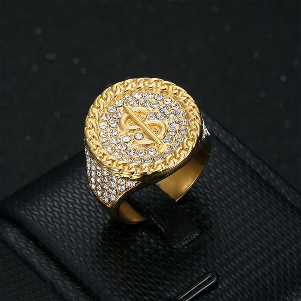 Wholesale Hip Hop Iced Out Big Dollar Signs Ring Male Gold Color Stainless Steel Money Band Rings For Men Dad Hiphop Jewelry 250107