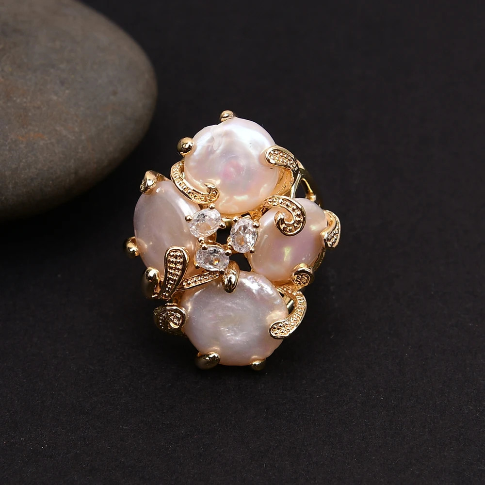 GG Big Natural White Keshi Coin Pearl Paved Clear Crystal Gold Plated Rings Adjustable Ring Gifts For Lady 250106