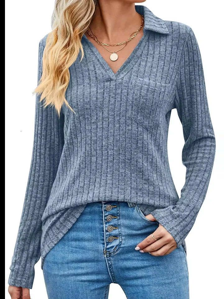 6-Color Knitted Polo Collar Top Womens Long Sleeve Striped T-shirt Spring and Autumn Comfortable Clothes 2024 250107