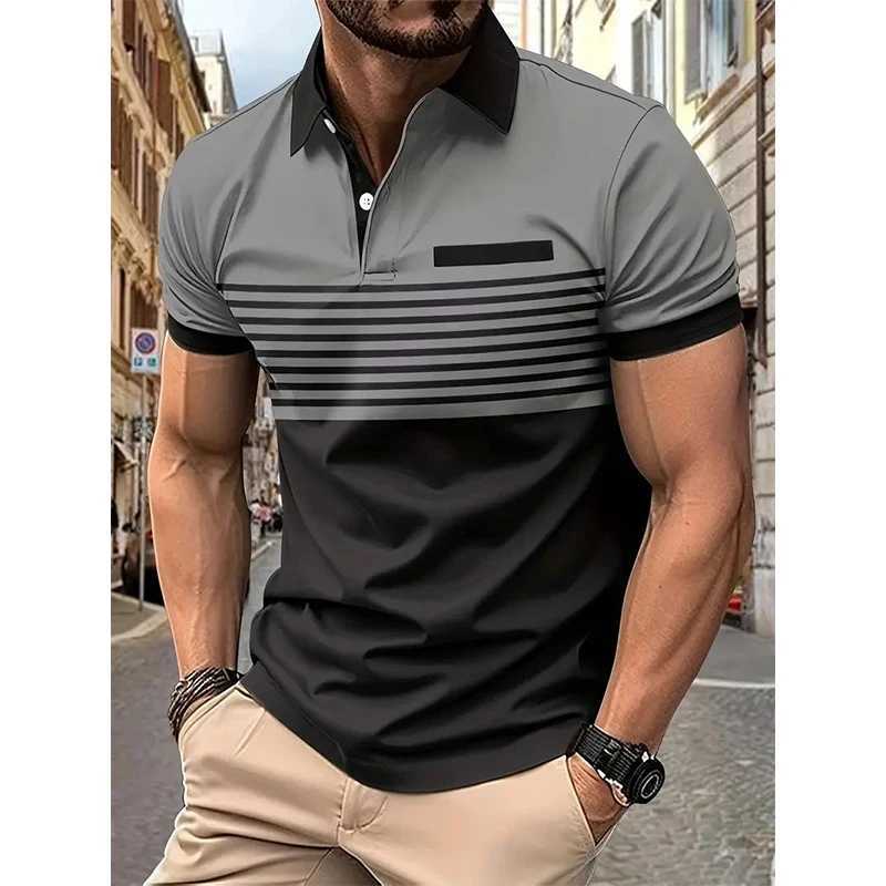 Summer New Casual Fashion Versatile Polo Shirt Mens Lapel Button Color Block Print Patchwork Striped Ventilate Long Sleeved TopXJ250108
