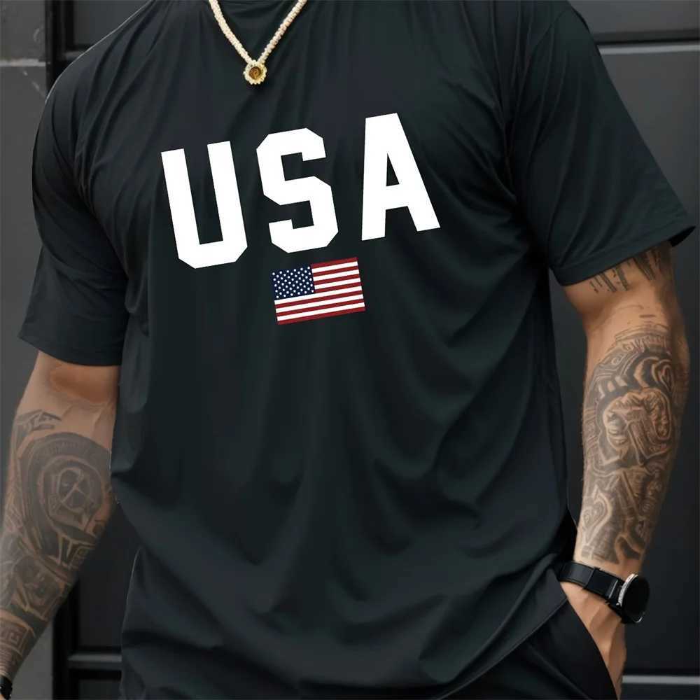 Mens Summer Crew Collar Letter Pattern Short Sleeve T-shirt - Breathable Polyester Fabric Slightly Stretching Regular Fit Casual M250410