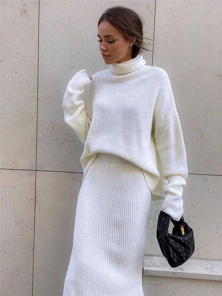 TARUXY Ribbed Knit 2 Piece Dress Set Outfits Ladies Knitwear Top And Midi Skirt Sets For Women Casual Winter Sweater Sets 241225