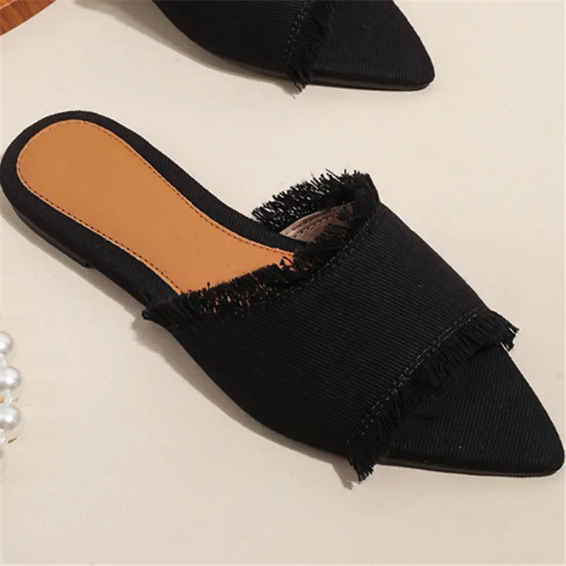 Shoes Slippers Flat Slides Low Slipers Women er 2024 Fashion Cotton Fabric PU Hoof Heels Rubber Sewing Shoes Woman 250107