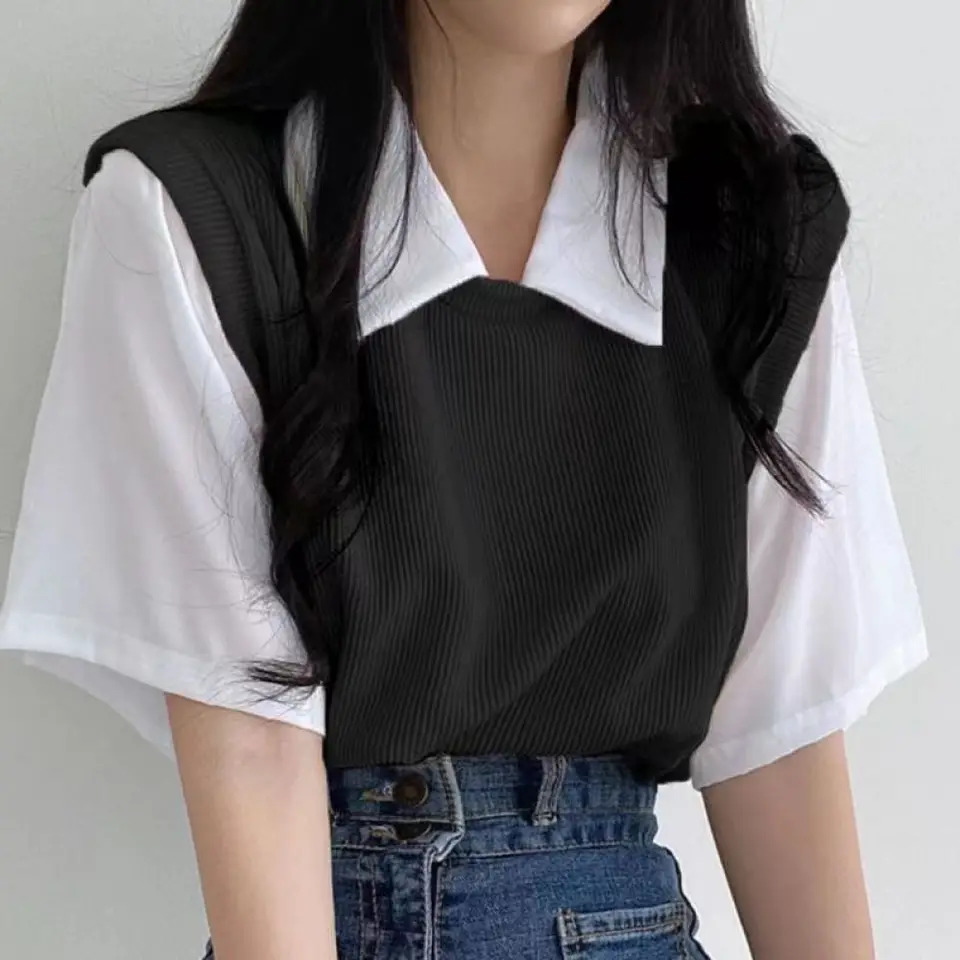 Korean Casual False Two-piece Lady Polo Shirts Contrast Color Spliced Short Sleeve Womens Tops Spring Summer T-shirts 2024 250107