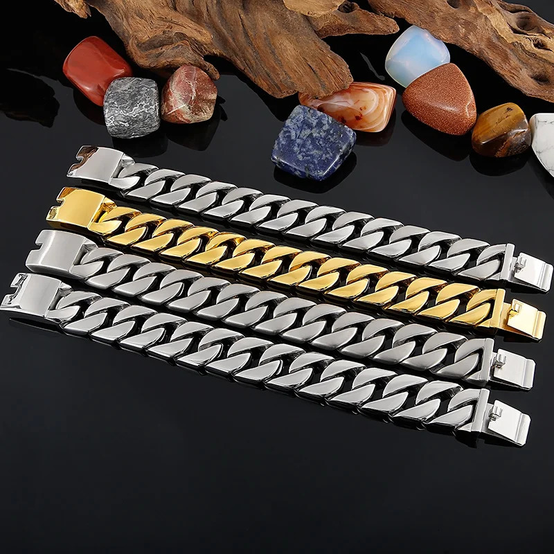Fongten 22cm Cuban Chain Bracelets For Men Stainless Steel Shiny Brushed Bangle Bracelets Men Curb Gold Silver Color Jewelry 250107