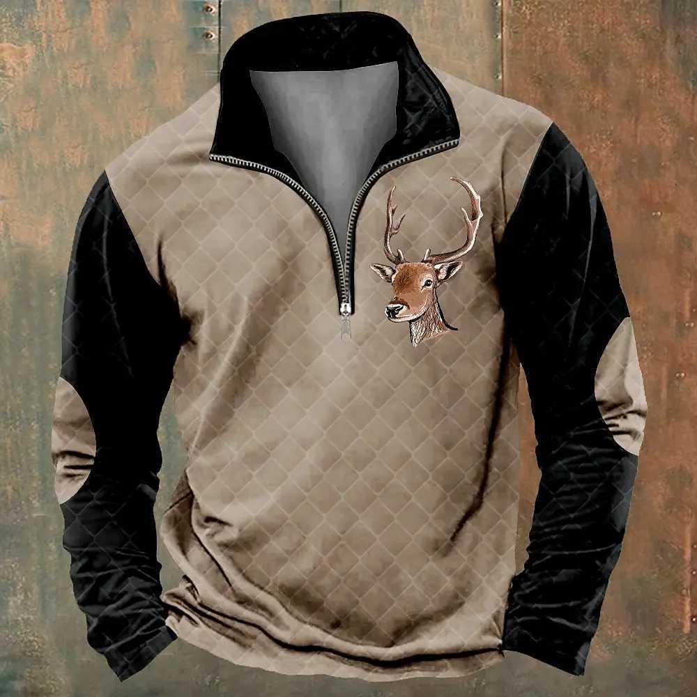 Interesting 3D reindeer print half zipper long sleeved sweatshirt fashionable stand up collar loose top autumn retro clothing casual mens zipper W2501