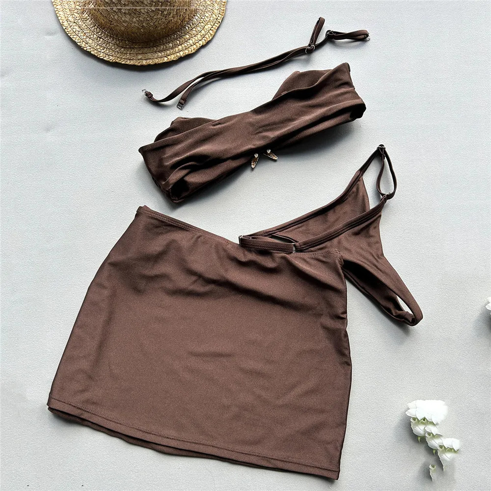 Brown Sexy Swimsuit Cover Ups Women Micro Thong 3 Piece Bikini Set Damen Metal Star Swimwear Beach Wear Bandeau Bikinis Mujer 250108