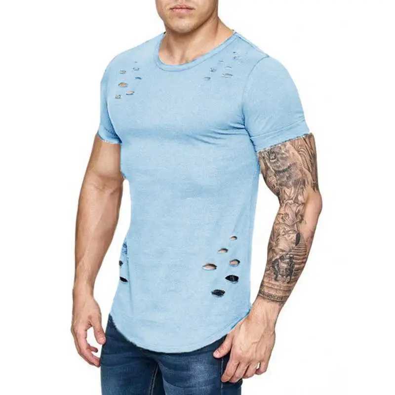 Hole ripped t-shirt mens short sleeved t-shirt fitness summer clothing mens fun solid t-shirt street slimming top M250108