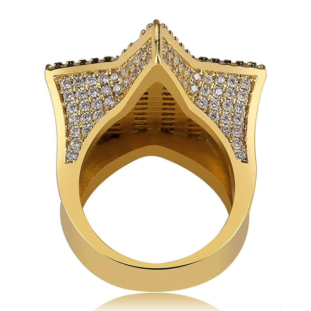 Full Zircon Pentagram Ring Iced Out Cubic Zirconia Gold Color hip-hop mens Trendy Bling Rings Rap Jewelry Gifts 250107