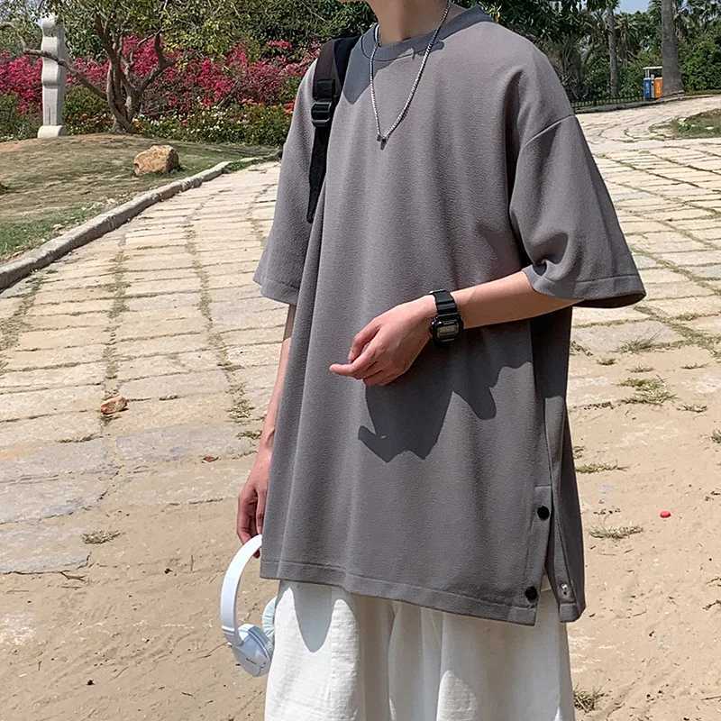 High Quality Plus Size 5XL-M Mens Side Seam T-shirt Solid Color T-shirt Mens Shoulder Strap O-Neck Basic Mens Shirt Oversized Top 4 Colors T250108