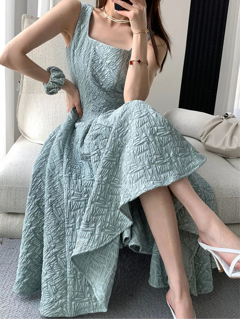 Women Solid Color Square Collar Draped A-line Slip Dresses Green Elegant Korean Style Slim Sundress Vintage Summer Y2k Dress 250107