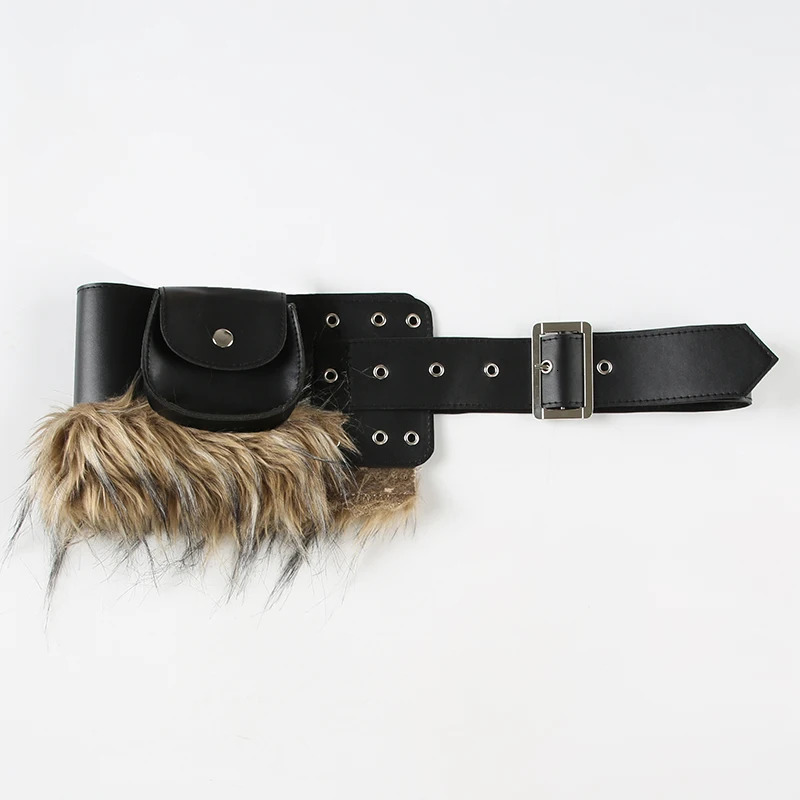 Fashion Trendy Faux Fur Spliced Leather Pu Bags Belt Women Chic Gyaru Y2k Retro Irregular Waist Belt 250107