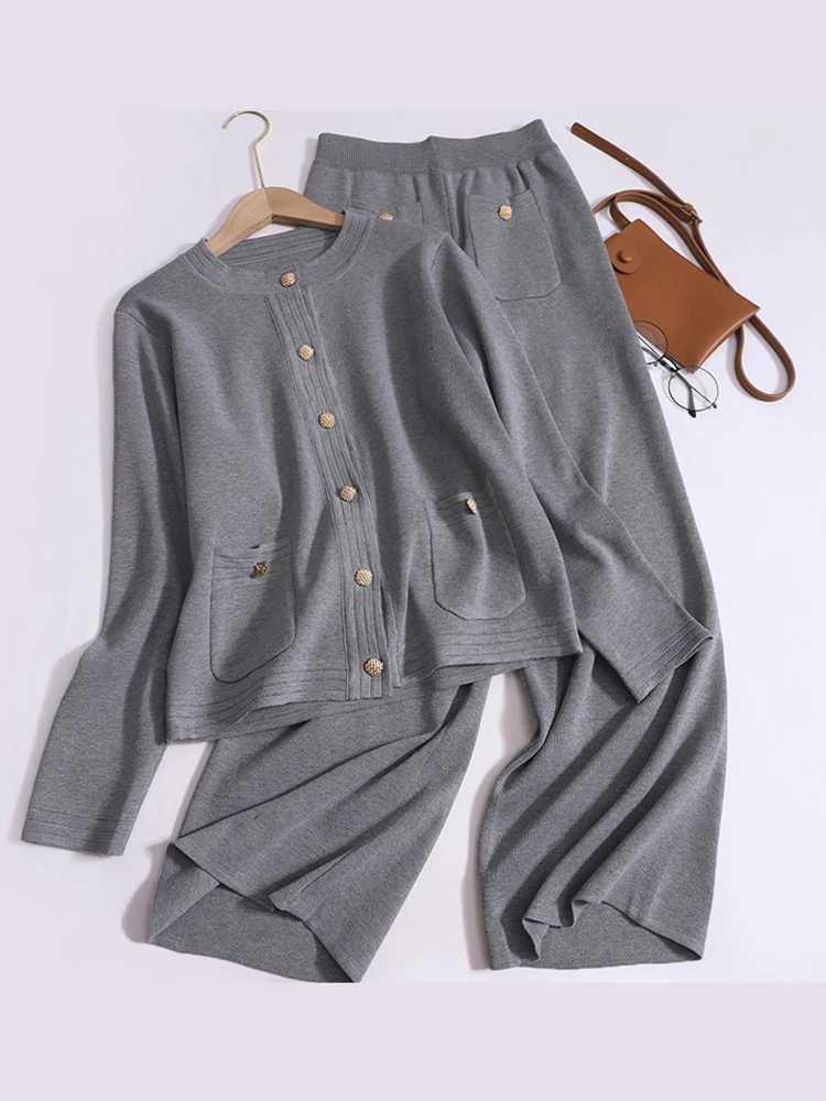 Womens casual track and field clothing 2023 new autumn fashion set knitted cardigan wool sweater and pants set womens 2-piece set W250108