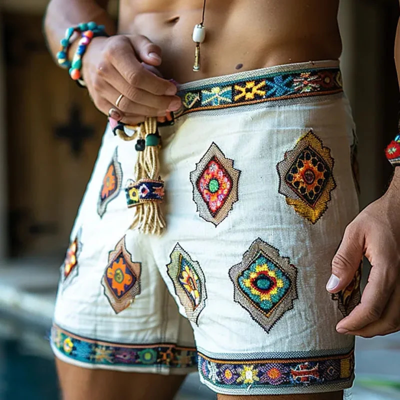 Casual Loose Patchwork Mens Cotton Shorts Summer Daily Leisure Breathable Drawstring Shorts For Men Beach Vintage Florals Shorts 250107