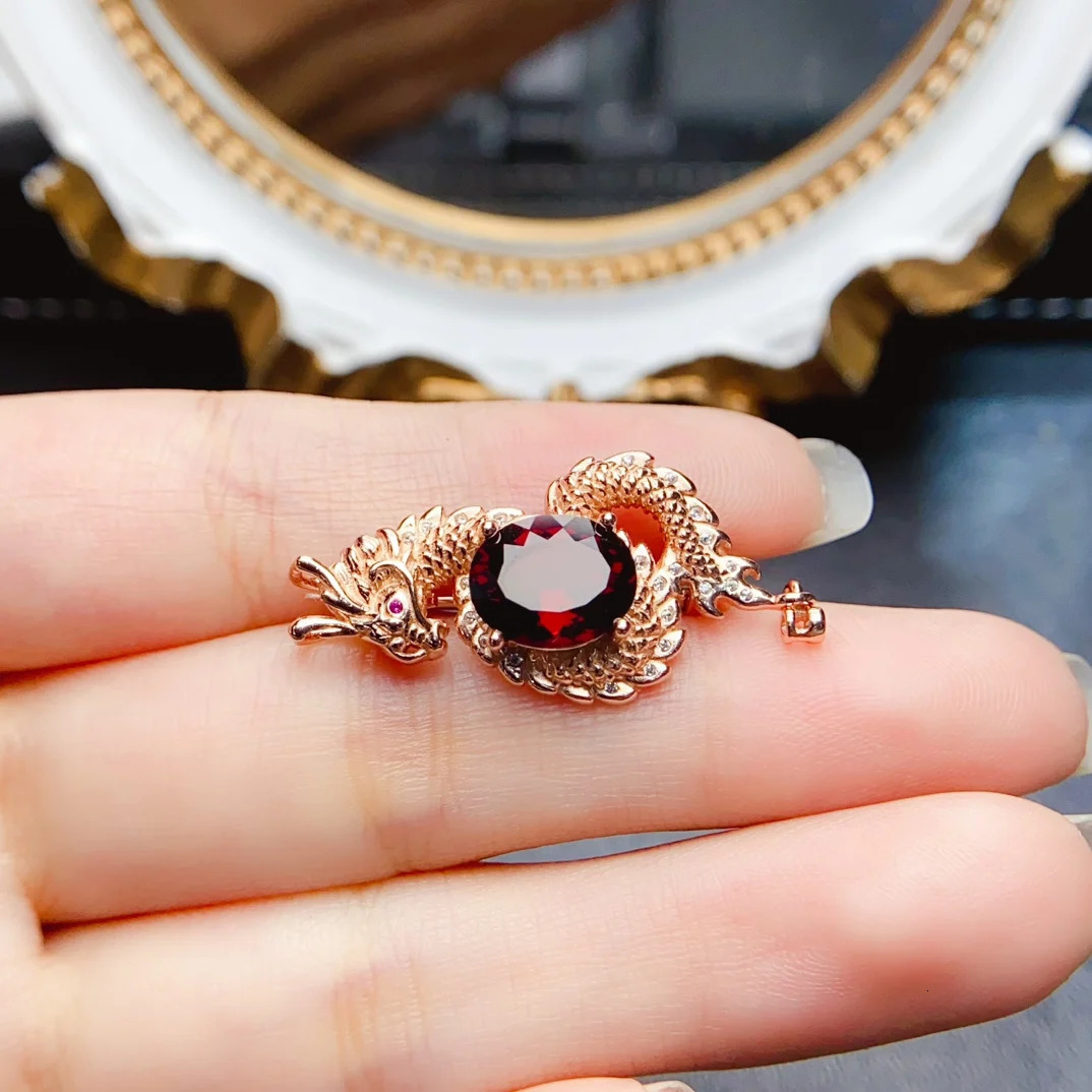 FS 8*10mm Natural Garnet Dragon Brooch S925 Sterling Silver Fine Charm Weddings Jewelry for Women With Certificate MeiBaPJ 241230
