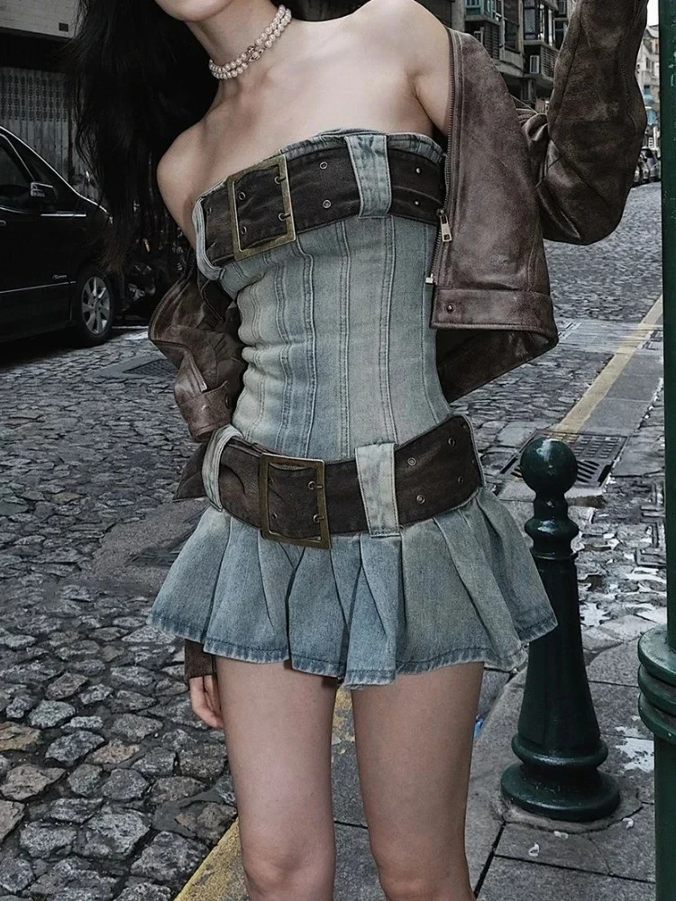 HOUZHOU Vintage Y2k Strapless Denim Dress Women Summer Bodycon Sexy Korean Fashion Kpop Belt Pleated Mini Dress 2000s Streetwear 250107