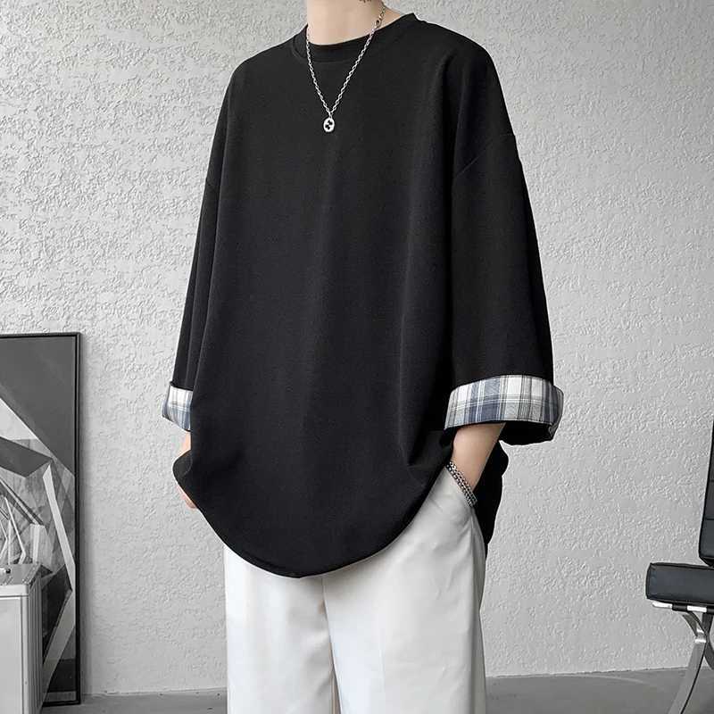High Quality 8XL-M Spring/Summer Mens Ice Silk T-shirt Womens Extra Large Grid T-shirt Korean Casual Seven Sleeve Mens T-shirt T250108
