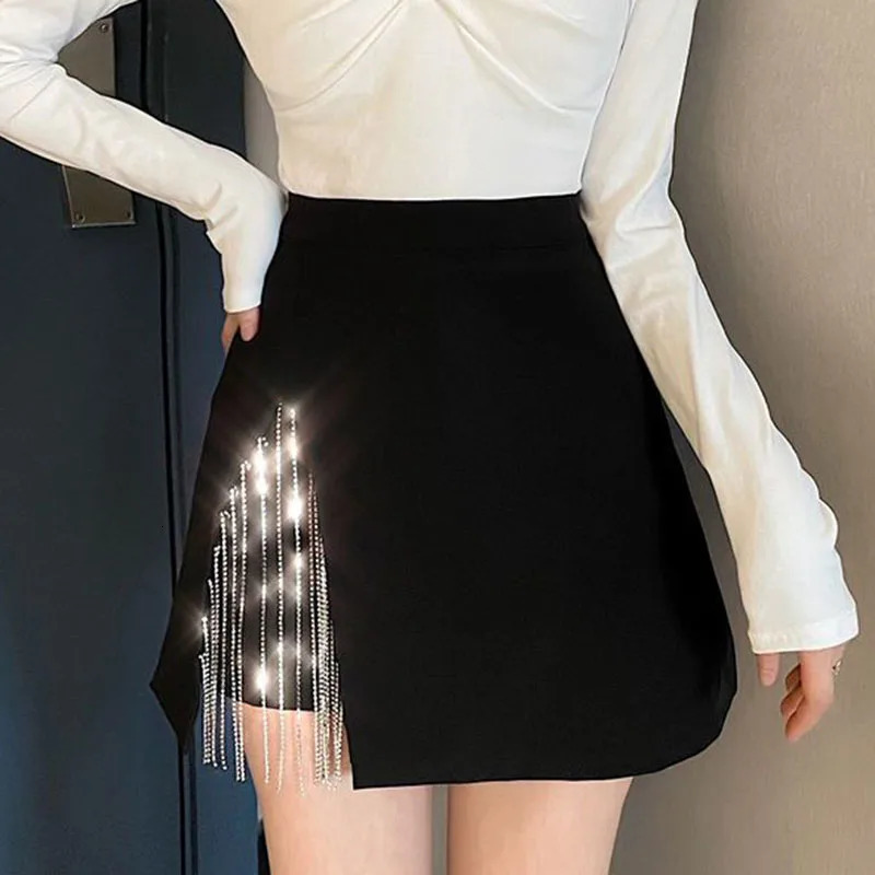 Fashion Side Split Mini Skirts for Women Korean High Waist Tassel ALine Skirt Woman Sexy with Lining Back Zipper Bag Hip 250106