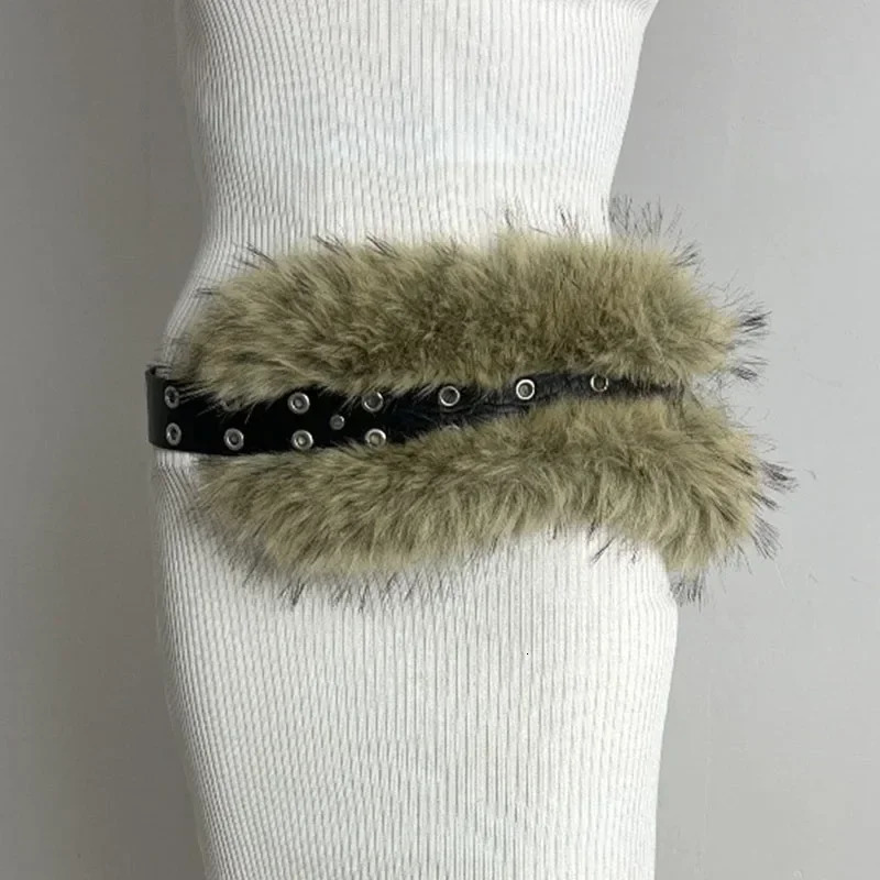 Punk Faux Fur Belt Y2K Metal Studded PU Leather Plush Waist Chain Faux Fur Belts Furry Sexy Vintage Waistband Hiphop Jeans Belt 250107