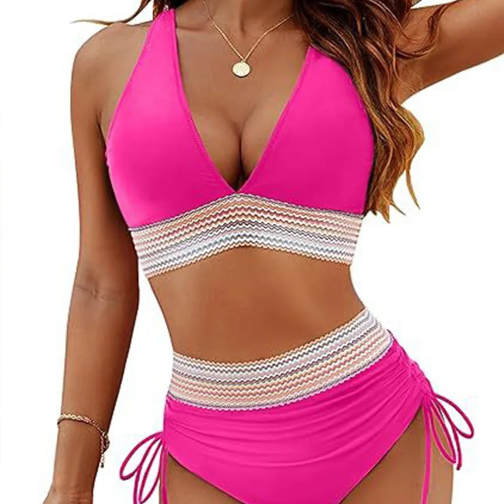 Solid Color Drawstring Bikini Set Fashion High Waist Separate Patchwork Swimwear Drawstring Women Swimsuit Women 250108