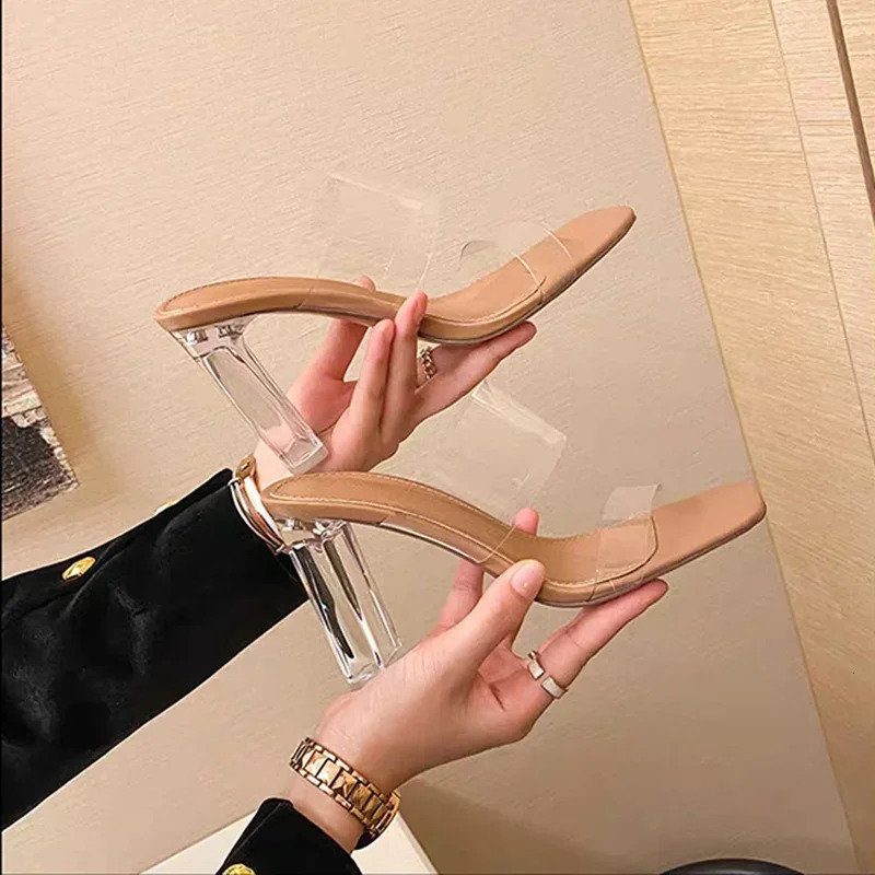 Heel Slippers Women Shoes Woman Pumps Solid Leather Transparent Silver Slip on Fishmouth High Heels Summer Women Slides 250107