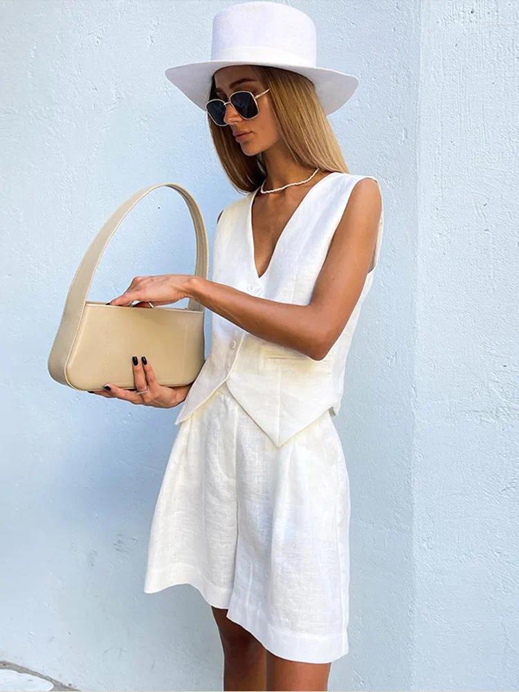 Womens Tracksuits Solid Cotton Linen Shorts 2 Peice Suit Single Breasted Button Sleeveless Vest Pockets Set Women 2025 Street Outfits